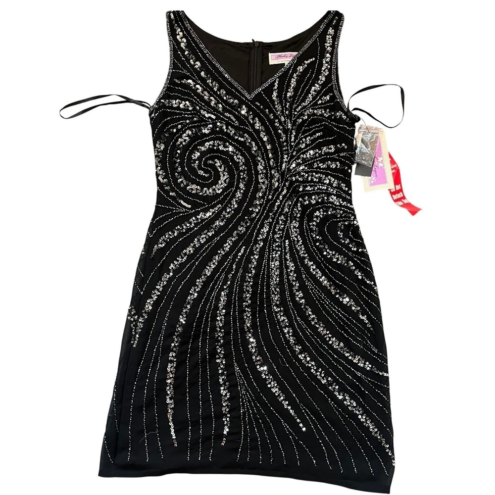 NWT Y2K Adrianna‎ Papell Dress Size 5/6 Black Silver Sequin Beaded Deadstock